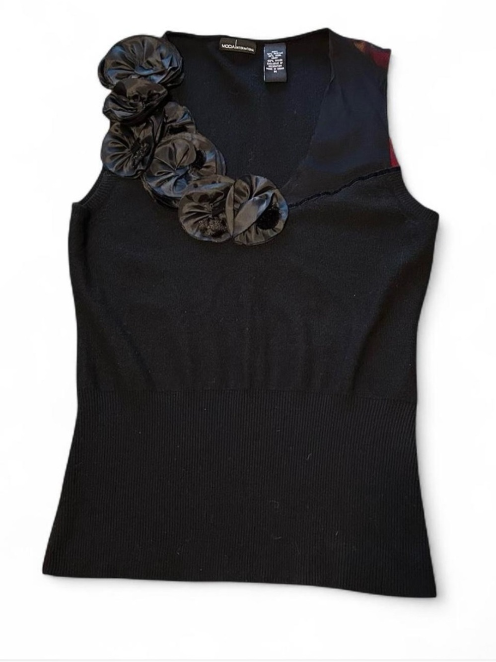vintage moda international black wool blend sleeveless top with mesh and flowers
